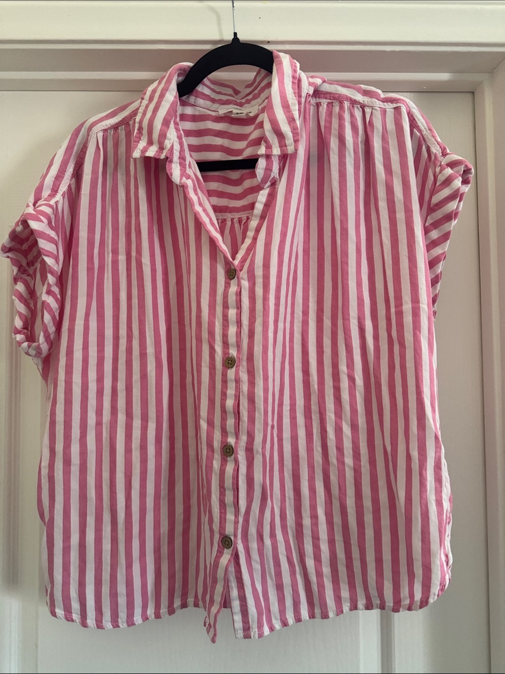 beachlunchlounge Pink and White Striped Button-Up Blouse